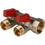 Коллектор с шаровыми кранами STOUT 3/4 , 2 отвода 1/2 (красные ручки) латунь
