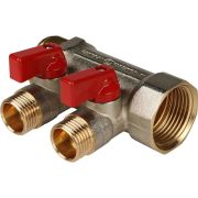 Коллектор с шаровыми кранами STOUT 1, 2 отвода 1/2 (красные ручки) латунь