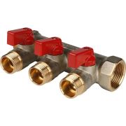 Коллектор с шаровыми кранами STOUT 3/4 , 3 отвода 1/2 (красные ручки) латунь