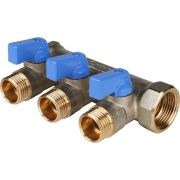 Коллектор с шаровыми кранами STOUT 3/4 , 3 отвода 1/2 (синие ручки) латунь