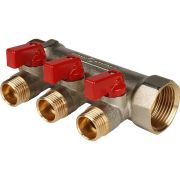 Коллектор с шаровыми кранами 1, 3 отвода 1/2 (красные ручки)