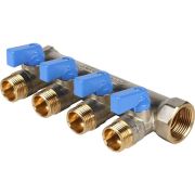 Коллектор с шаровыми кранами STOUT 3/4 , 4 отвода 1/2 (синие ручки) латунь