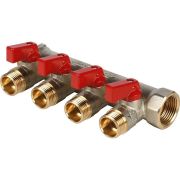 Коллектор с шаровыми кранами STOUT 3/4 , 4 отвода 1/2 (красные ручки) латунь
